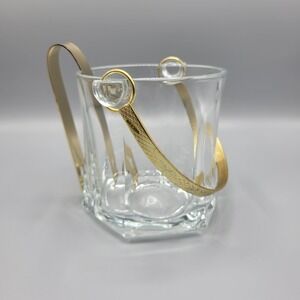 Vintage Shiah Yih Heavy Clear Glass Ice Bucket Gold Tone Tongs and Handle Taiwan